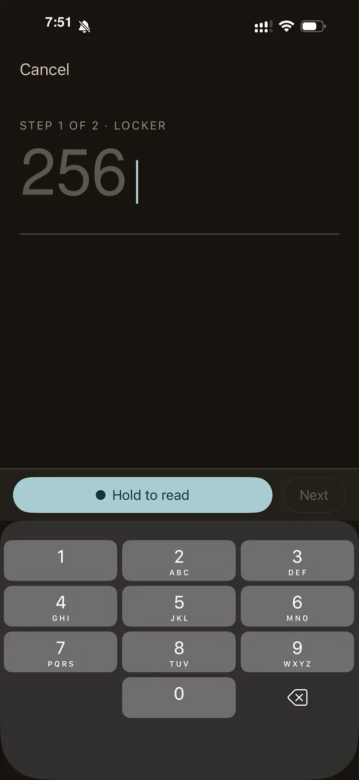 LockerThing using on-device OCR to read locker number 256 during a hold