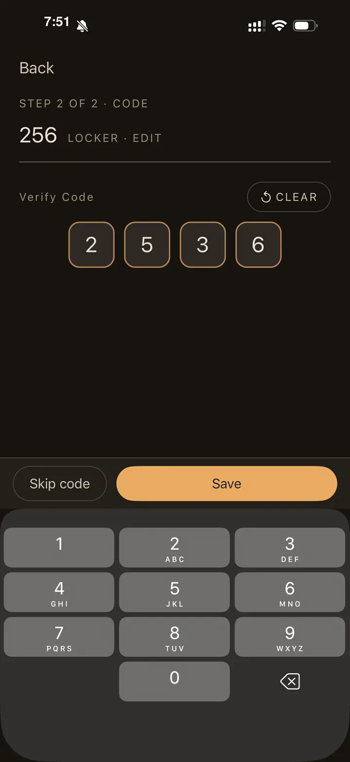LockerThing verifying the optional code for locker 256