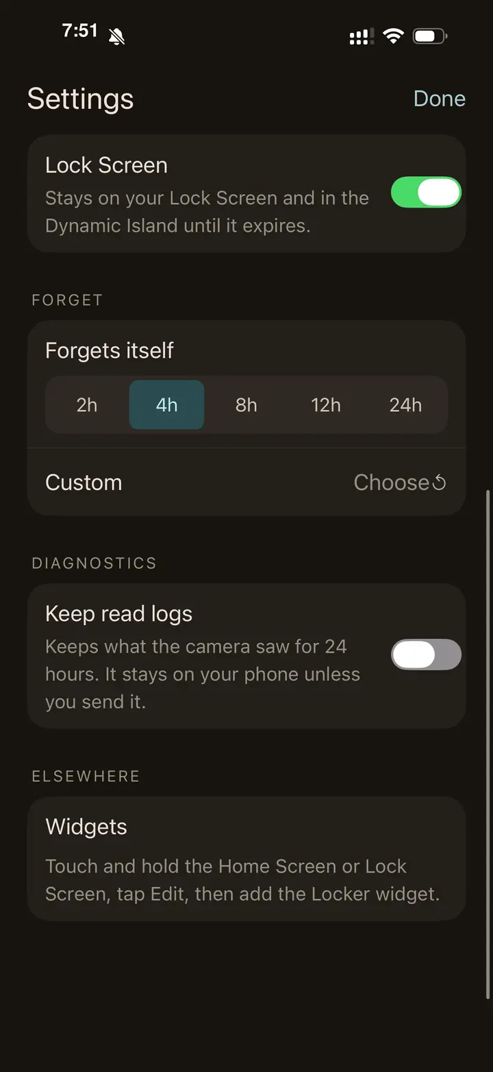 The Forgets itself setting: two, four, eight, twelve or twenty-four hours, or a custom time