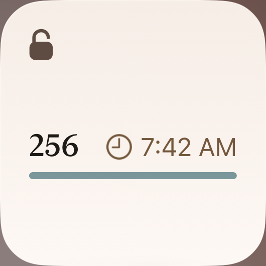 The LockerThing Home Screen widget showing locker 256 and a start time of 7:42 AM
